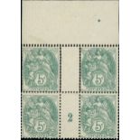 France 1900-24 Type Blanc 5c. green, type IA, block of four from the top of the sheet with vert...