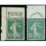 France Semeuse 1926-27 10c. green with "Mineraline" and "Phena" advertising labels,