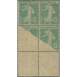 France Semeuse 1907 5c. green type I, block of six (2x3) with a fine offset of two complete and...
