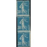 France Semeuse 1925-26 30c. blue, vertical strip of three, perforated, imperforate and perforat...