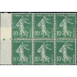 France Semeuse 1920-22 10c. green, thick figures, block of six (3x2) from the left of the sheet...