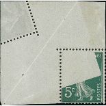 France Semeuse 1907 5c. green type I, from the upper left corner of the sheet and showing a spe...