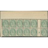 France 1900-24 Type Blanc 5c. green, type IA, block of twelve (6x2) with vertical interpanneau...