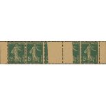 France Semeuse 1907 5c. green, type I, "GC" paper, horizontal strip of five, the third and four...