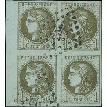 France 1870 "Bordeaux" Issue 1c. olive, report III, first state, marginal block of four