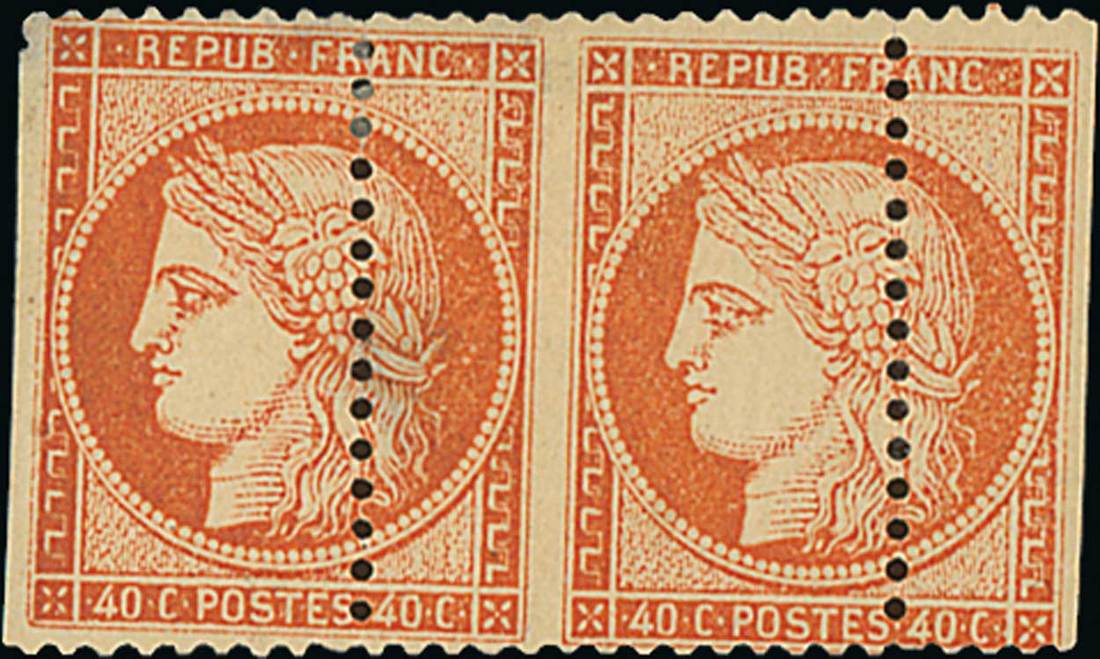 France 1870 "Siège" Issue 40c. orange, horizontal pair featuring misplaced perforation horizont...