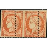 France 1870 "Siège" Issue 40c. orange, horizontal pair featuring misplaced perforation horizont...