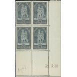 France 1929 Tourist Issue "Reims Cathedral" 3f. slate blue, type I, Coin date block of four (er...