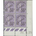 France Semeuse 1926-27 Surcharges 55c. on 60c. violet precancelled, Coin date block of four fro...