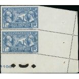 France 1927 Visit of American Legion 1f. 50 blue, vertical pair from the lower right corner of...