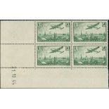 France 1936 Aeroplane over Paris 85c. to 50f., the set of seven in Coin date blocks of four,