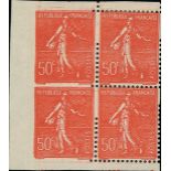 France Semeuse 1924-26 50c. vermilion, block of four from the left of the sheet, imperforate an...