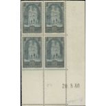 France 1929 Tourist Issue "Reims Cathedral" 3f. slate-blue, type III, Coin date block of four (...
