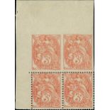 France 1900-24 Type Blanc 3c. orange red, type IB, block of four from the upper left corner of...