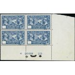 France 1927 Visit of American Legion 1f. 50 blue, without figures of value, block of four from...