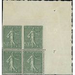 France Semeuse 1924-26 50c. green, block of four from the upper right coner of the sheet, two p...