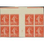 France Semeuse 1907 10c. red, imperforate block of eight (4x2) with interpanneau margin,