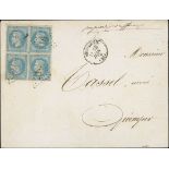 France 1862-70 "Empire" Laureated Issue 20c. pale blue, type II, block of four showing "horn" c...