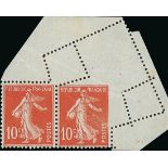 France Semeuse 1907 10c. red, horizontal pair from the top of the sheet with an impressive pre-...