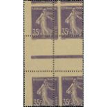 France Semeuse 1907 35c. violet, type I, block of four with horizontal interpanneau margin, the...