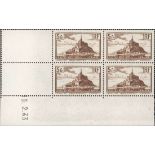 France 1929 Tourist Issue "Mont St. Michel" 5f. chocolate, type II, ten different Coin date blo...