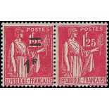 France 1940-41 Surcharges 1f. on 1f. 25 carmine, horizontal pair, one without surcharge, unmoun...