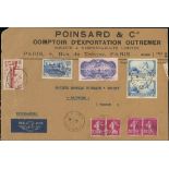 France 1936 Aeroplane over Paris 50f. ultramarine on rose, used with Sower 20c. (4), 1936 Mill...