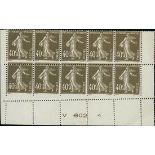 France Semeuse 1925-26 40c. brown olive, block of ten (5x2) from the foot of the sheet with hor...