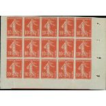 France Semeuse 1907 10c. red, imperforate block of fifteen (5x3) from the foot of the pane,