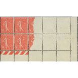 France Semeuse 1924-26 50c. vermilion, block of ten (5x2) from the lower right corner of the sh...