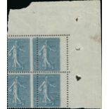 France Semeuse 1920-22 50c. blue, block of four from the upper right corner of the sheet, mispe...