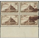 France 1929 Tourist Issue "Mont St. Michel" 5f. chocolate type II, block of four from the foot...
