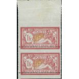 France 1900-27 "Merson" Issues 1900 Issue 1fr. misplaced perforation vertically, marginal pair,...