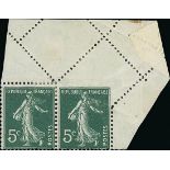 France Semeuse 1907 5c. green, type I, horizontal pair from the upper right corner of the sheet