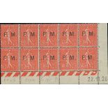 France Semeuse 1924-26 Franchise Militaire 50c. vermilion overprinted "f.m.", Coin date block o...