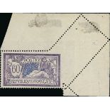 France 1900-27 "Merson" Issues 1906-20 Issue 60c. misplaced perforation obliquely, top right co...