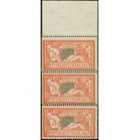 France 1900-27 "Merson" Issues 1906-20 Issue 2fr. double perforation, vertical strip of three