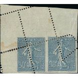 France Semeuse 1920-22 50c. blue, horizontal pair from the upper left corner of the sheet displ...