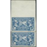 France 1927 Visit of American Legion 1f. 50 blue, vertical pair from the top of the sheet, impe...