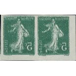 France Semeuse 1907 5c. green, type I, imperforate horizontal pair with a perfect offset on the...