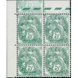 France 1900-24 Type Blanc 5c. green, type II, block of four from the upper left corner of the s...