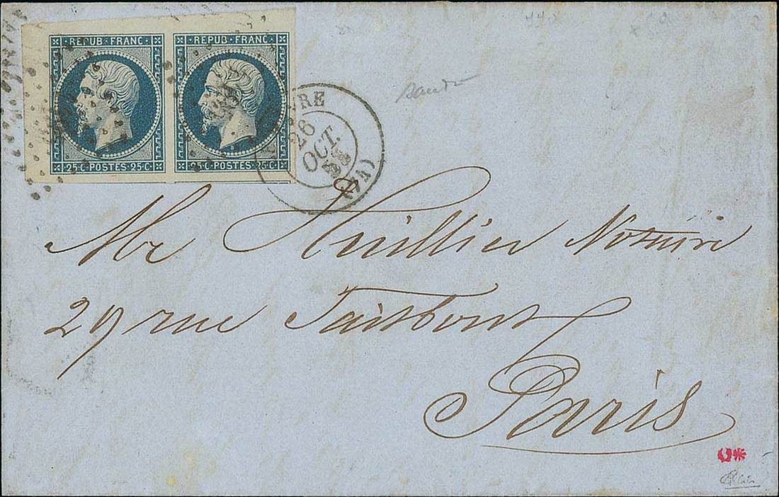 France 1852 "Présidence" Issue 25c. blue, an extraordinary pair from the upper left corner