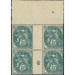 France 1900-24 Type Blanc 5c. blue-green, type IA, double impression, block of four from the to...