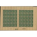 France Semeuse 1907 5c. green type I, block of fifty, two panes of twenty-five with "GC" imprin...