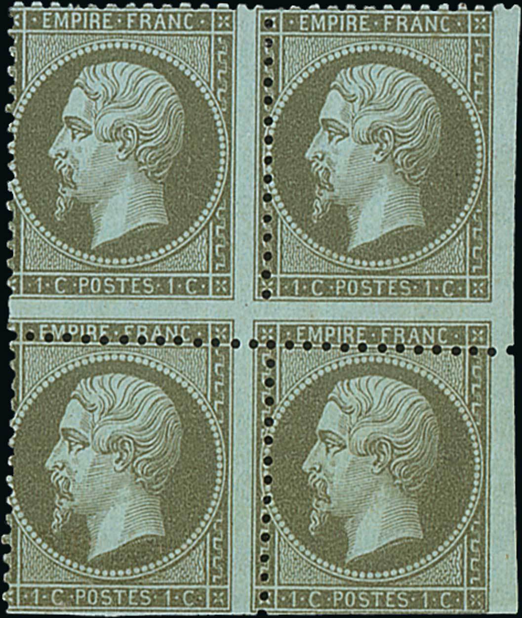France 1862 Perforated "Empire" Issue 1c. green-olive, very fresh block of four