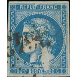 France 1870 "Bordeaux" Issue 20c. blue, type III, report II, clear to prevailing wide even marg...