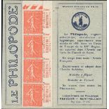 France Booklets Semeuse 50c. red, lined background "Le Philopode" Private booklet containing fo...