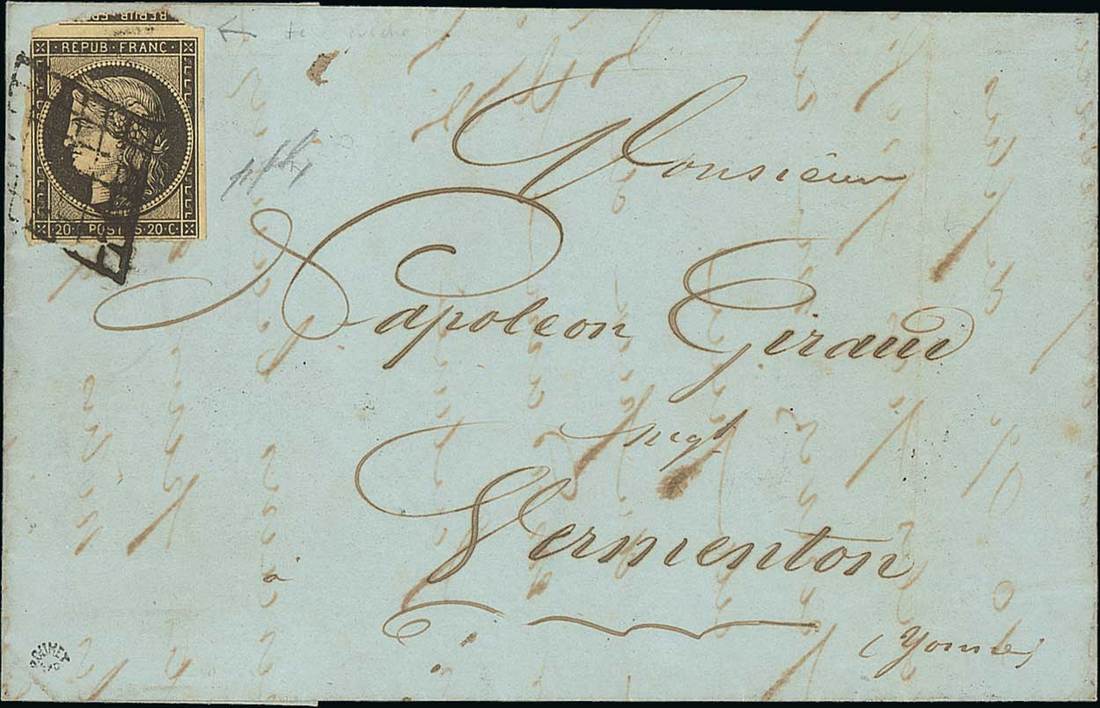 France 1849-50 First Issue 20c. black, roughly separated from the sheet on three sides,