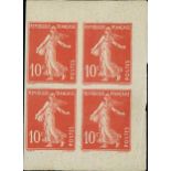 France Semeuse 1907 10c. red, imperforate block of four from the booklet plate,