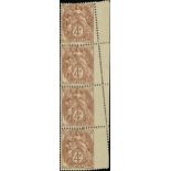 France 1900-24 Type Blanc 4c. brown, vertical strip of four showing a striking misplacement